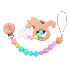 Unicorn Wooden Silicone Teething Toy Set BPA Free With Pacifier Clip